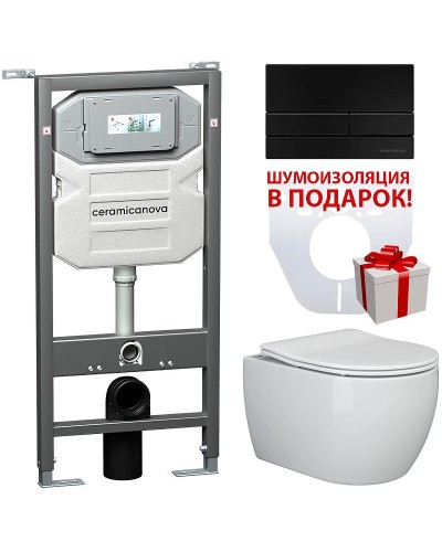 Комплект унитаза с инсталляцией Ceramica Nova Play CN3001_1002B_1000 с сиденьем Микролифт и Черной матовой клавишей смыва
