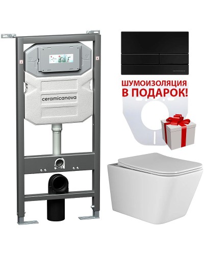 Комплект унитаза с инсталляцией Ceramica Nova Metric CN3007_1002B_1000 с сиденьем Микролифт и Черной матовой клавишей смыва