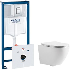 Комплект унитаза CeramaLux 2197 с инсталляцией Grohe Rapid SL 38775001 с сиденьем Микролифт и клавишей смыва Хром
