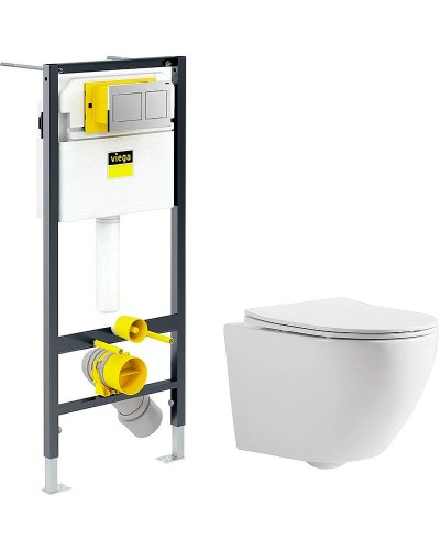 Комплект унитаза CeramaLux 2197 с инсталляцией Viega Prevista Dry 8524.14 792596 с сиденьем Микролифт и клавишей смыва Хром