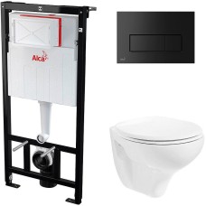 Комплект унитаза Creavit Perla TP320-11CB00E-0000+KC0703.01.0000E с сиденьем Микролифт и инсталляцией Alcaplast Sadroмodul AM101/1120-0001+M578 с Черной матовой клавишей смыва