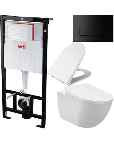 Комплект унитаза Creavit Free FE322-11CB00E-0000+KC0103.03.0000E с сиденьем Микролифт и инсталляцией Alcaplast Sadroмodul AM101/1120-0001+M578 с Черной матовой клавишей смыва