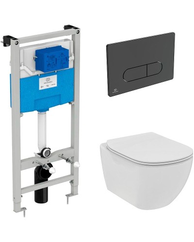 Комплект унитаза с инсталляцией Ideal Standard Tesi Rimless TT00003/115A6 с сиденьем Микролифт и Черной матовой клавишей смыва