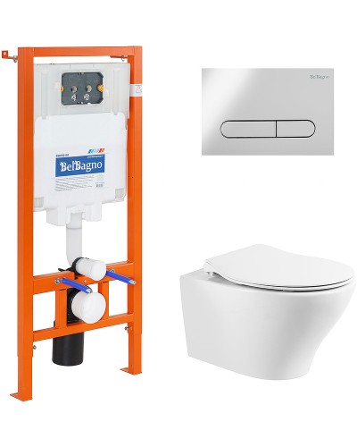 Комплект унитаза с инсталляцией BelBagno Acqua BB340CHR/BB2020SC/BB002-80/BB005-PR-CHROME с сиденьем Микролифт и клавишей смыва Хром глянцевый