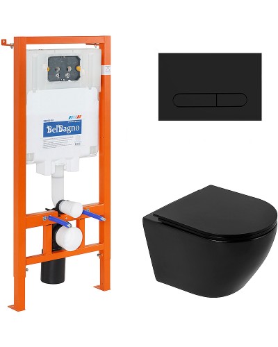 Комплект унитаза с инсталляцией BelBagno Colorato BB062CHR-MB/BB062SC-MB/BB002-80/BB007-PR-NERO.M с сиденьем Микролифт и Черной матовой клавишей смыва