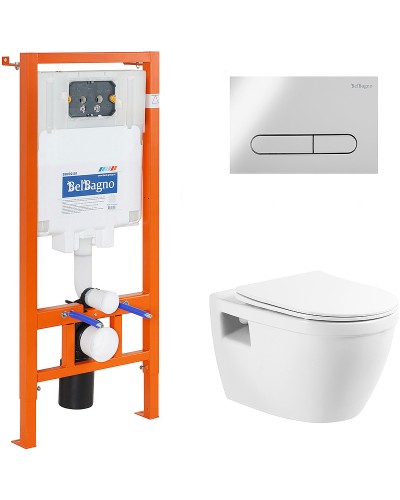 Комплект унитаза с инсталляцией BelBagno Loto BB070CHR/SC/BB002-80/BB005-PR-CHROME с сиденьем Микролифт и клавишей смыва Хром глянцевый