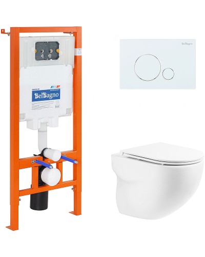 Комплект унитаза с инсталляцией BelBagno Onda BB066CHR/BB870SC/BB002-80/BB014-SR-BIANCO с сиденьем Микролифт и Белой клавишей смыва