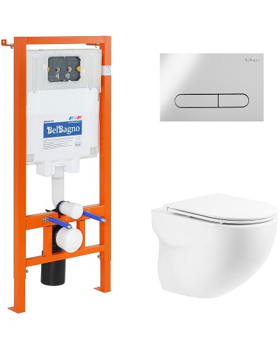 Комплект унитаза с инсталляцией BelBagno Onda BB066CHR/BB870SC/BB002-80/BB005-PR-CHROME с сиденьем Микролифт и клавишей смыва Хром глянцевый