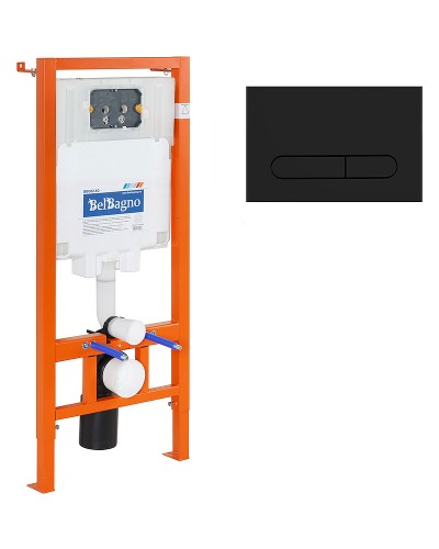 Комплект унитаза с инсталляцией BelBagno Sela BB3201CHR-MB/BB3201SC-MB/BB002-80/BB007-PR-NERO.M с сиденьем Микролифт и Черной матовой клавишей смыва