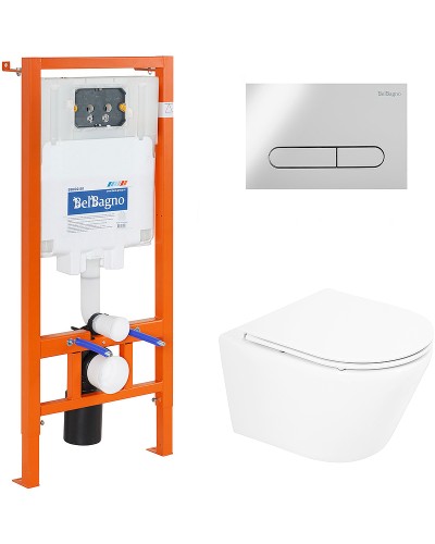 Комплект унитаза с инсталляцией BelBagno Tre BB8001CHR/SC/BB002-80/BB005-PR-CHROME с сиденьем Микролифт и клавишей смыва Хром глянцевый