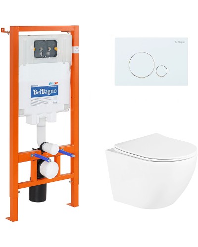 Комплект унитаза с инсталляцией BelBagno Uno BB3105CHR/SC/BB002-80/BB014-SR-BIANCO с сиденьем Микролифт и Белой клавишей смыва