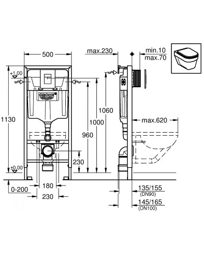 Комплект унитаза BelBagno Uno BB3105CHR/SC с инсталляцией Grohe Rapid SL 38811KF0 с сиденьем Микролифт и Черной матовой клавишей смыва