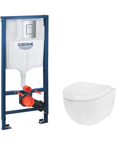 Комплект унитаза AM.PM Awe C111738WH+C117852WH с инсталляцией Grohe Rapid SL 38772001 с сиденьем Микролифт и клавишей смыва Хром