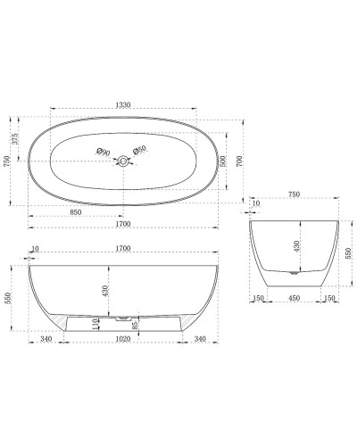 Ванна из полиэфирной смолы 170x75 см Vincea VBT-6T01B