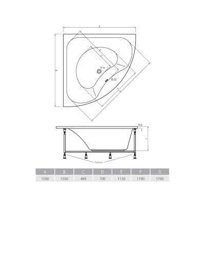 Акриловая ванна 150х150 см Alpen Corona AVB0016