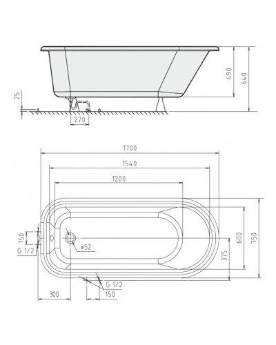 Акриловая ванна 170х75 см Alpen Victoria 68112
