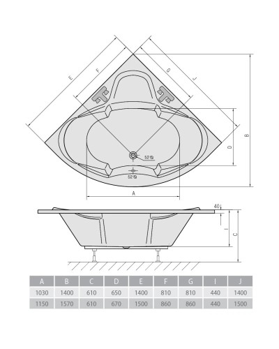 Акриловая ванна 150х150 см Alpen Simona A04111