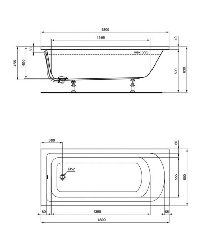 Акриловая ванна Ideal Standard Hotline 180х80 K274801 без гидромассажа