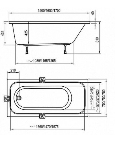 Акриловая ванна Ravak Domino 170х75 Set Plus 70508015 без гидромассажа
