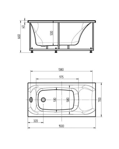 Акриловая гидромассажная ванна 150х70 см пневматическое управление плоские форсунки Aquatek Альфа-150