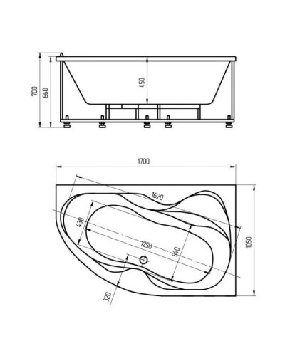 Акриловая гидромассажная ванна 170х105 см правая пневматическое управление плоские форсунки Aquatek Вега-170