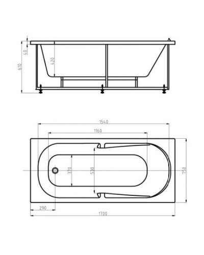 Акриловая гидромассажная ванна 170х75 см пневматическое управление плоские форсунки Aquatek Лея