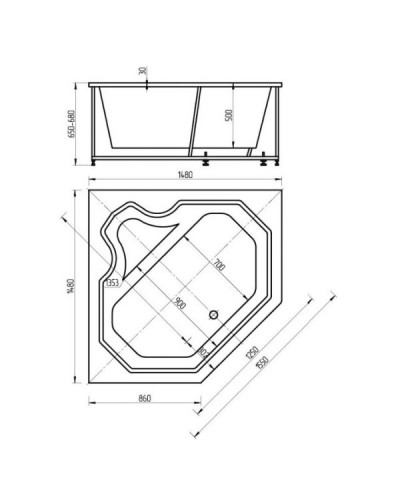 Акриловая гидромассажная ванна 148х148 см пневматическое управление стандартные форсунки Aquatek Лира