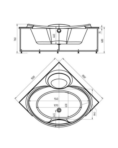 Акриловая гидромассажная ванна 150х150 см пневматическое управление плоские форсунки Aquatek Эпсилон