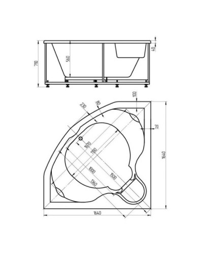 Акриловая гидромассажная ванна 164х164 см пневматическое управление стандартные форсунки+спинной массаж 12 форсунок Aquatek Сириус