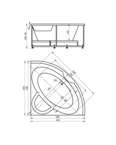 Акриловая гидромассажная ванна 140,5х140,5 см пневматическое управление стандартные форсунки Aquatek Поларис 1