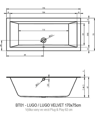 Акриловая ванна Riho Lugo 170х75 R B132015005 (BD6100500000000) без гидромассажа