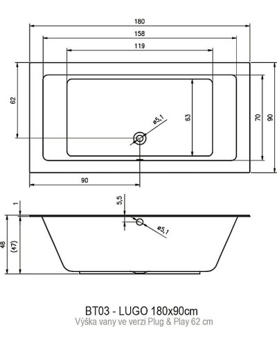 Акриловая ванна Riho Lugo 180х90 L B134015005 (BD6600500000000) без гидромассажа