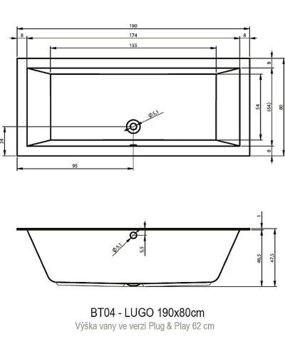 Акриловая ванна Riho Lugo 190х80 L B135015005 (BD6800500000000) без гидромассажа