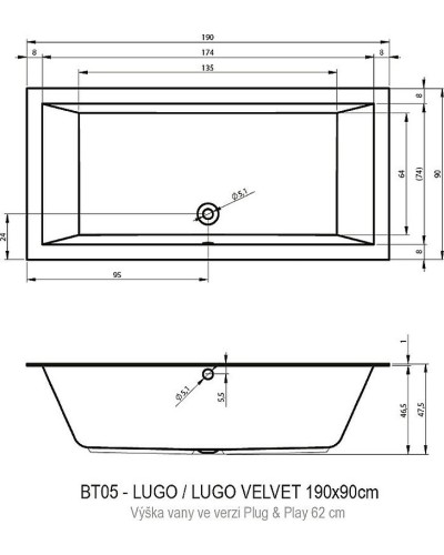 Акриловая ванна Riho Lugo 190х90 L B136015005 (BD7000500000000) без гидромассажа