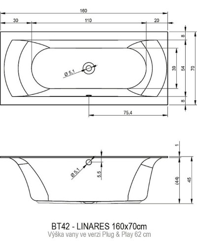 Акриловая ванна Riho Linares 160х75 L B140008005 (BD5200500000000) без гидромассажа