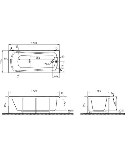 Акриловая ванна 170х75 см Vitra Comfort 52330001000