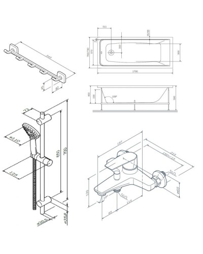 Комплект акриловой ванны AM.PM Gem 170х70 WK90EA без гидромассажа со смесителем с душевым гарнитуром и аксессуарами для ванной комнаты