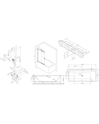 Комплект акриловой ванны AM.PM Inspire V2.0 180x80 WK52EB без гидромассажа с душевой системой со шторкой и аксессуарами
