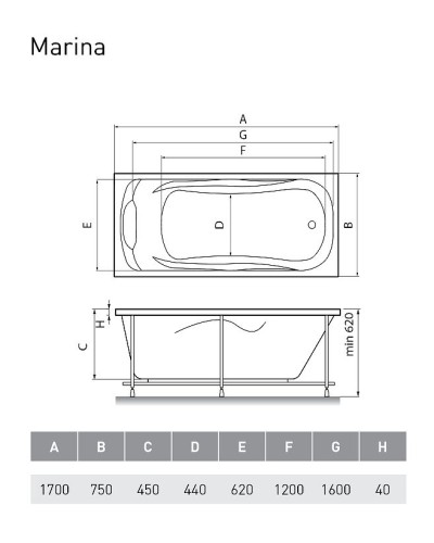Акриловая ванна Relisan Marina 170x75 Гл000008874 без гидромассажа