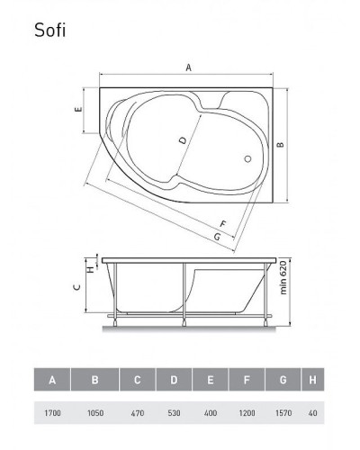 Акриловая ванна Relisan Sofi 170х105 R Гл000009445 без гидромассажа