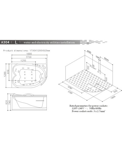 Акриловая гидромассажная ванна 180х120 см SSWW A304L BH168H