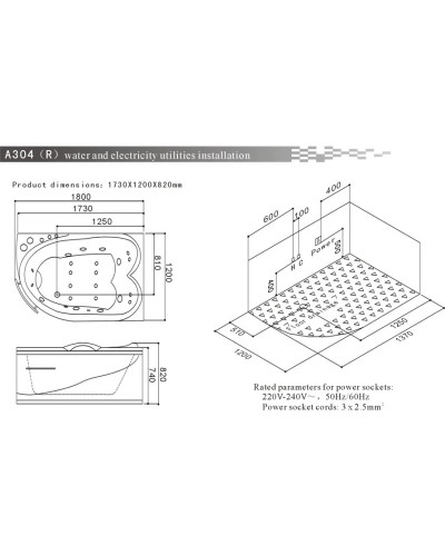 Акриловая гидромассажная ванна 180х120 см SSWW A304R BH168H