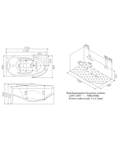 Акриловая гидромассажная ванна 173х88 см SSWW A307LBH608F