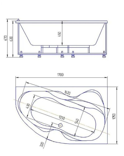 Акриловая ванна Aquatek Вега 170х105 L VEG170-0000073 без гидромассажа с фронтальной панелью с каркасом (разборный) со слив-переливом