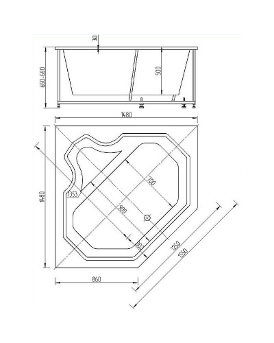 Акриловая ванна Aquatek Лира 148x148 LIR150-0000032 без гидромассажа с фронтальной панелью с каркасом (вклеенный) со слив-переливом