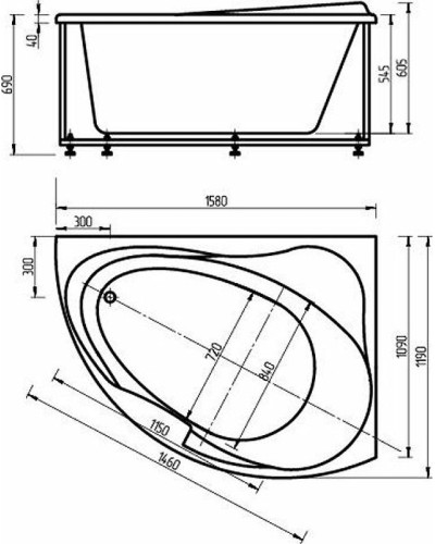 Акриловая ванна Aquatek Альтаир 158x119 L ALT160-0000067 без гидромассажа с фронтальной панелью с каркасом (вклеенный) со слив-переливом