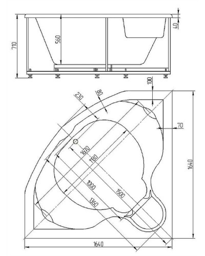 Акриловая ванна Aquatek Сириус 164х164 SIR164-0000002 без гидромассажа с фронтальной панелью с каркасом (вклеенный) со слив-переливом