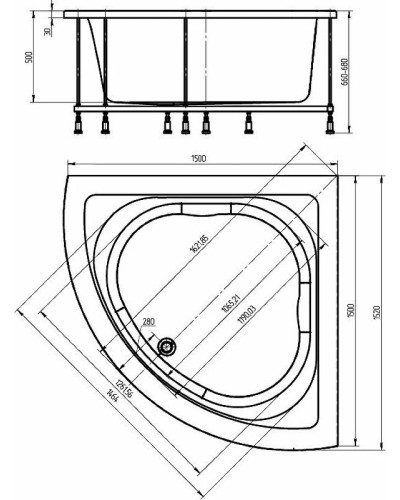 Акриловая ванна Aquatek Юпитер 150х150 UPT150-0000026 без гидромассажа с фронтальной панелью с каркасом (вклеенный) со слив-переливом
