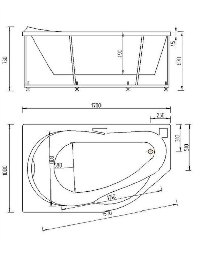 Акриловая ванна Aquatek Таурус 170х100 L TAR170-0000084 без гидромассажа с фронтальной панелью с каркасом (разборный) со слив-переливом