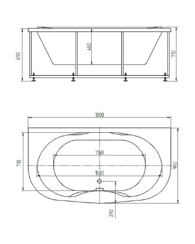 Акриловая ванна Aquatek Мелисса 180х95 MEL180-0000011 без гидромассажа с фронтальной и боковыми панелями с каркасом (разборный) со слив-переливом